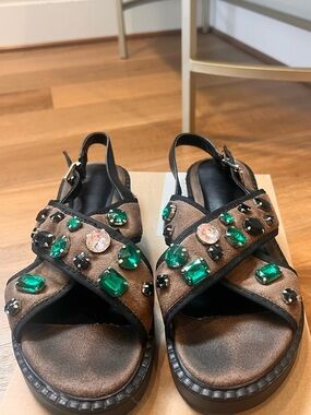 Hotic Embellished Brown Suede Gem Slingback chunky Sandals -  size 8